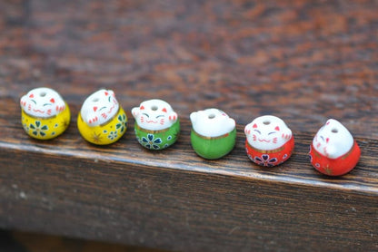 10 beads- Porcelain Lucky Cat beads 15mm, Ceramic Maneki Neko, Drilled with Large Hole, Yellow Green Red Pink Kawaii Cat -(TC-151)