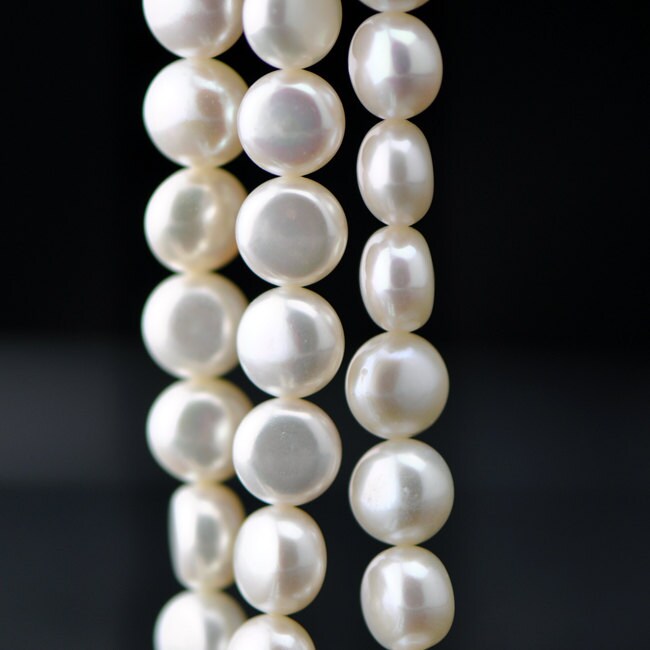Freshwater Button Pearl 8mm /10mm, White Fresh Water Round Coin Pearl Beads -(PL03)/ Full strand