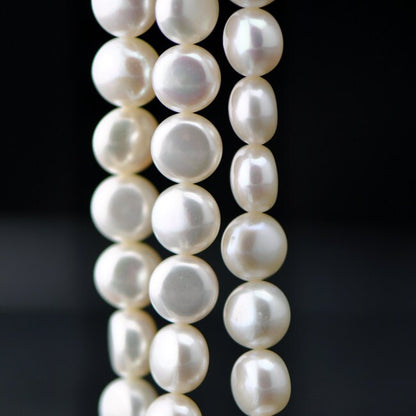Freshwater Button Pearl 8mm /10mm, White Fresh Water Round Coin Pearl Beads -(PL03)/ Full strand