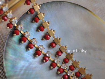 Red Crystal Glass Bead Chain 9mm, Rhinestone Unplated Brass Designer Chain (#LK-029)/ 1 Meter=3.3ft