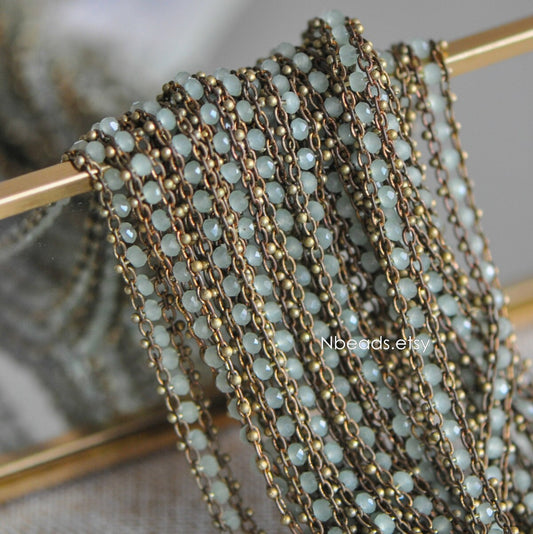 Crystal Glass Bead Chain 7mm, Unplated Brass Designer Chain, Green/ Black (#LK-032)/ 1 Meter=3.3ft