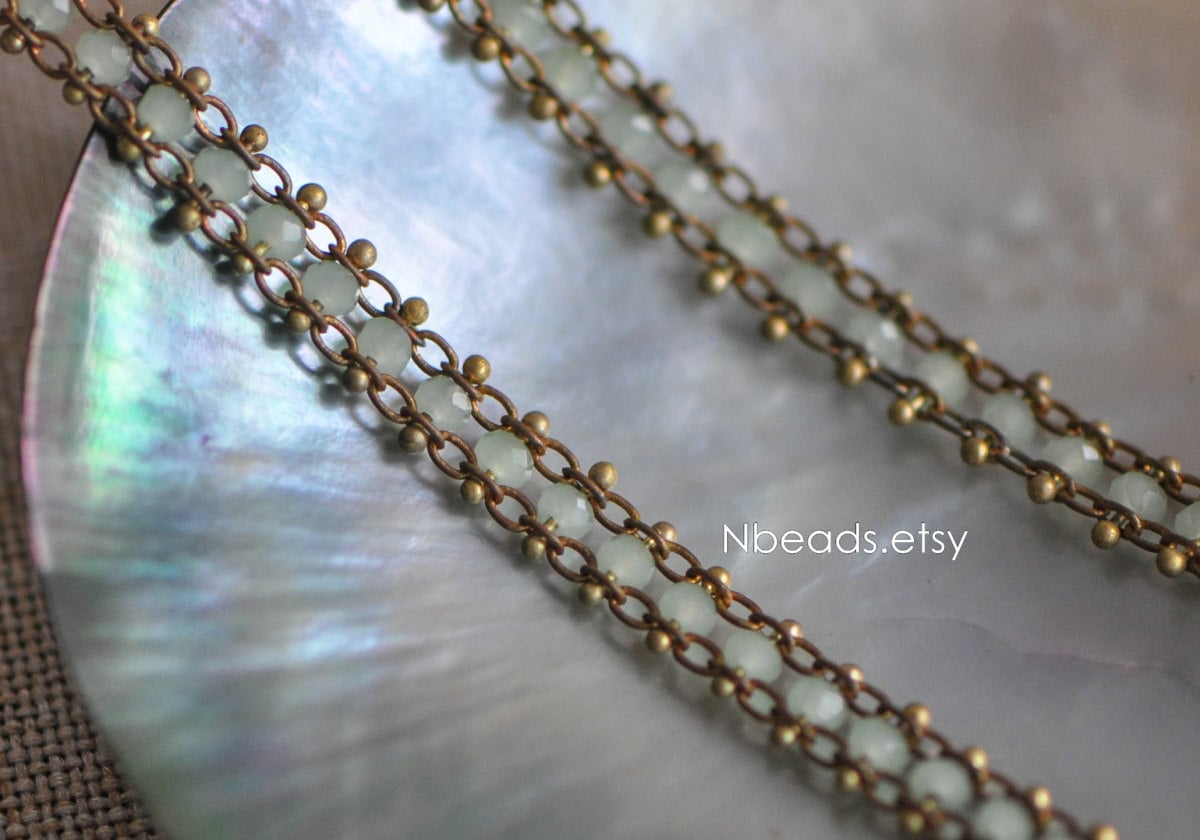 Green Crystal Glass Bead Chain 7mm, Unplated Brass Designer Chain (#LK-032-1)/ 1 Meter=3.3ft