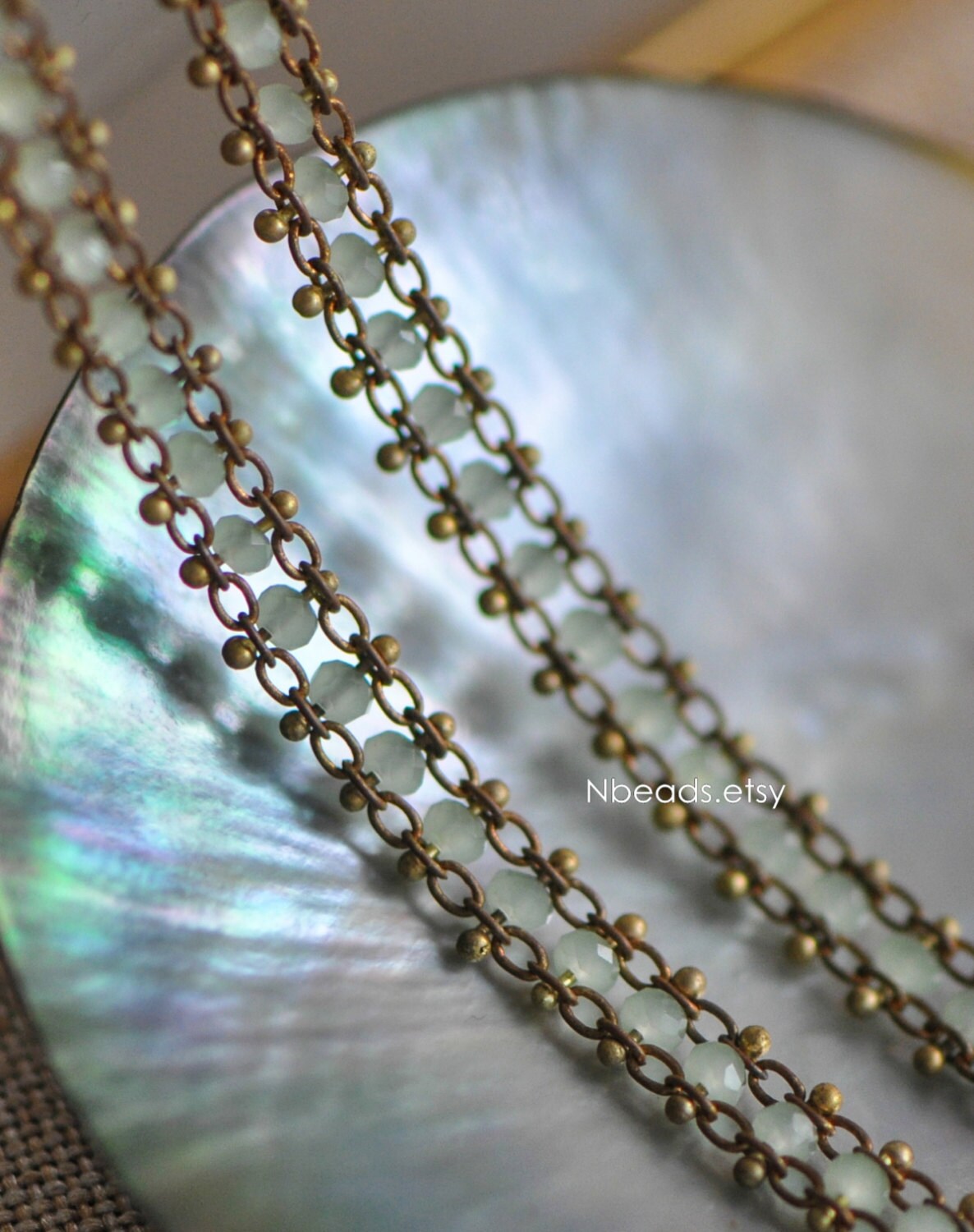 Green Crystal Glass Bead Chain 7mm, Unplated Brass Designer Chain (#LK-032-1)/ 1 Meter=3.3ft