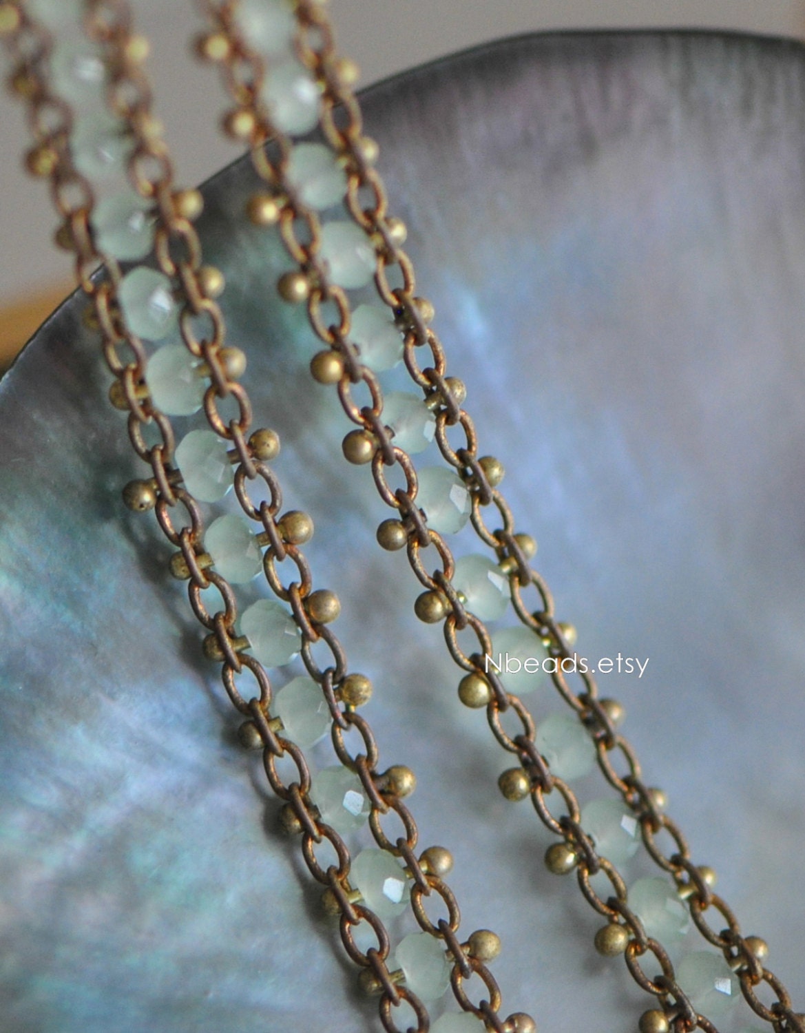 Crystal Glass Bead Chain 7mm, Unplated Brass Designer Chain, Green/ Black (#LK-032)/ 1 Meter=3.3ft