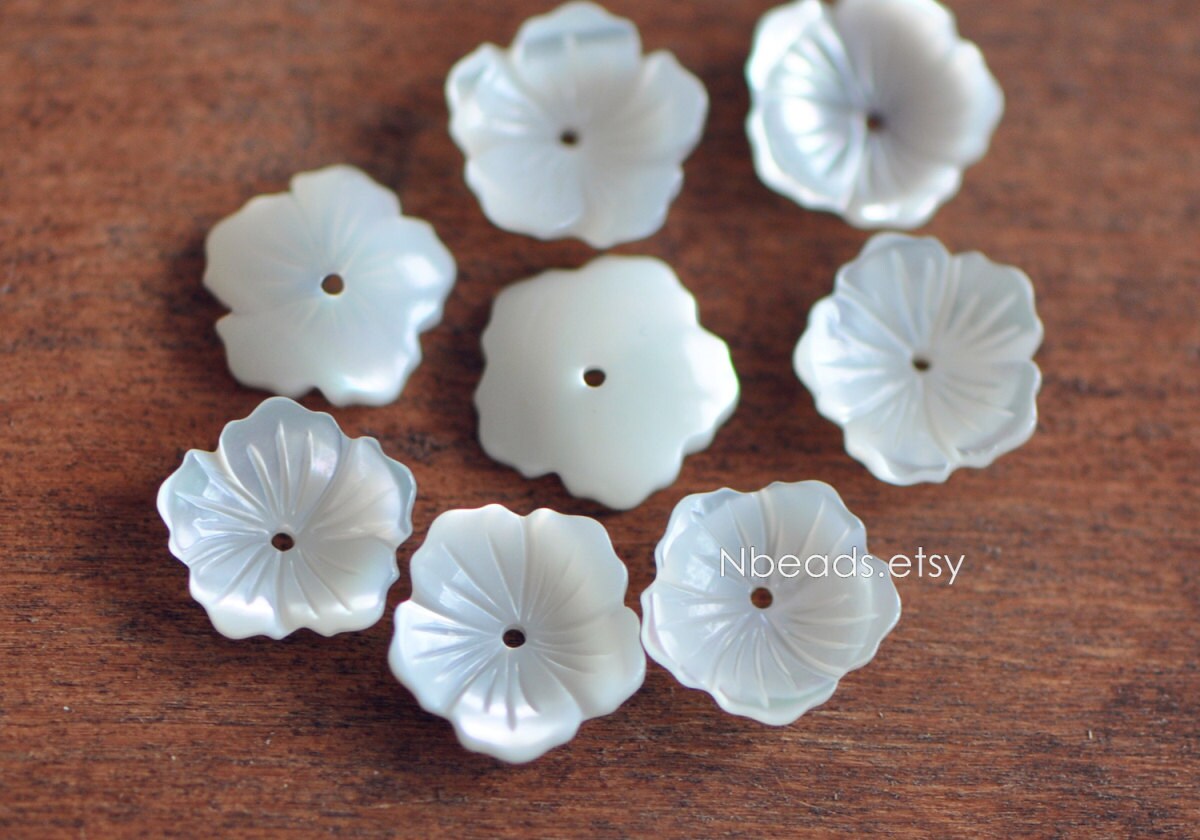 10pcs White Mother of Pearl Flowers 12mm, Center Drilled Carved Shell Flowers (#V1255)