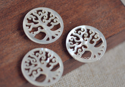 4pcs White Mother of Pearl 'Life Tree' Pendants, 25mm Round Shell Tree Charms, Hollow Cut Out Carvings -(BK-028)
