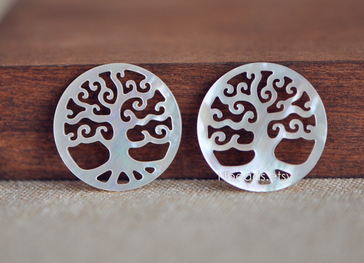 4pcs White Mother of Pearl 'Life Tree' Pendants, 25mm Round Shell Tree Charms, Hollow Cut Out Carvings -(BK-028)