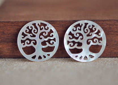 4pcs White Mother of Pearl 'Life Tree' Pendants, 25mm Round Shell Tree Charms, Hollow Cut Out Carvings -(BK-028)