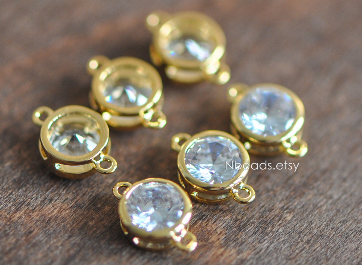 10pcs Gold/ Silver Tone Bezel Gemstone Connector 4/ 5/ 6/ 7mm, 18K Gold/ Rhodium plated Brass, Clear CZ Coin Charms (GB-011)
