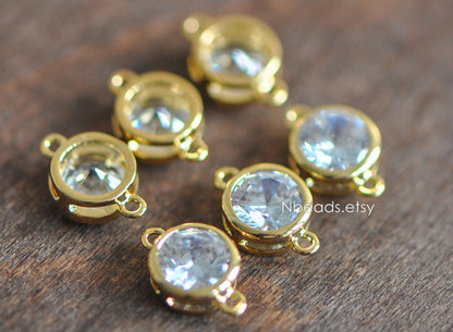 10pcs Gold/ Silver Tone Bezel Gemstone Connector 4/ 5/ 6/ 7mm, 18K Gold/ Rhodium plated Brass, Clear CZ Coin Charms (GB-011)