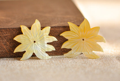 10pcs Yellow Mother of Pearl Shell Lotus Carved Flowers 36mm -(V1216-2)