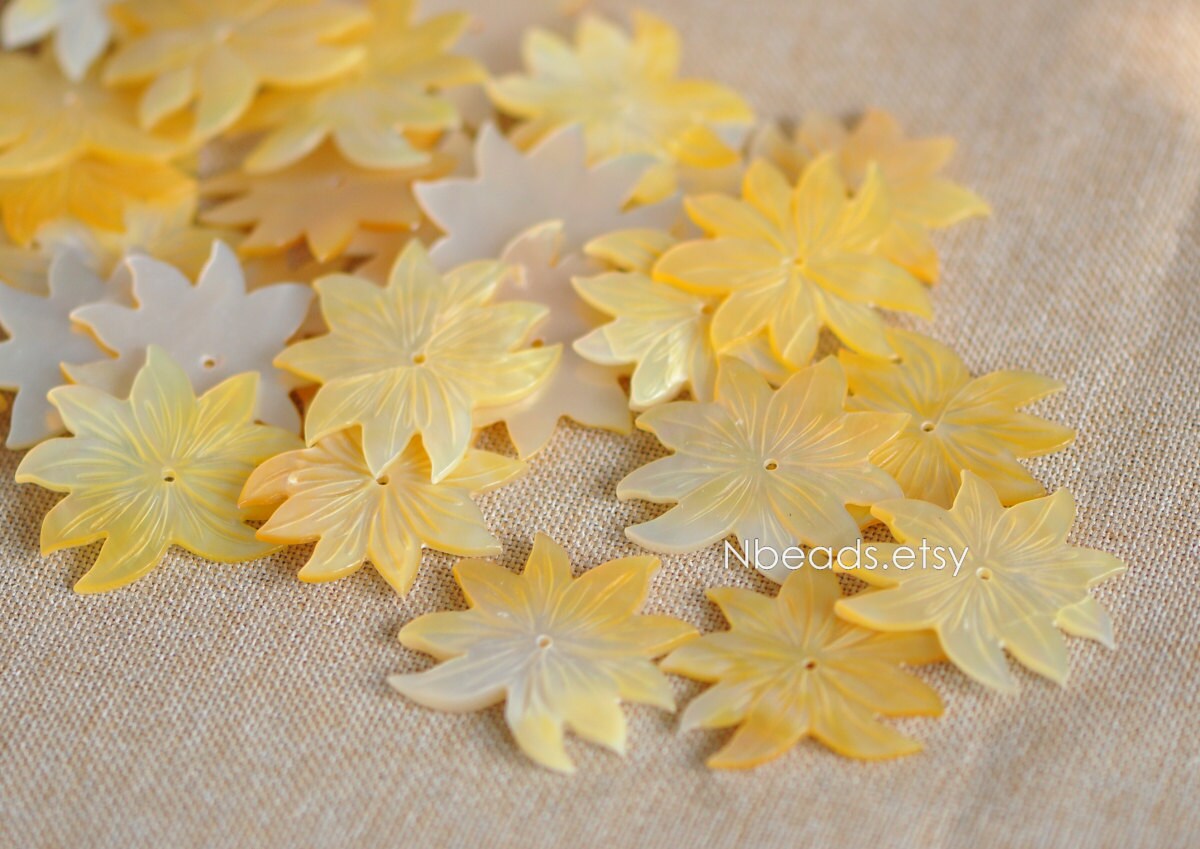 10pcs Yellow Mother of Pearl Shell Lotus Carved Flowers 36mm -(V1216-2)