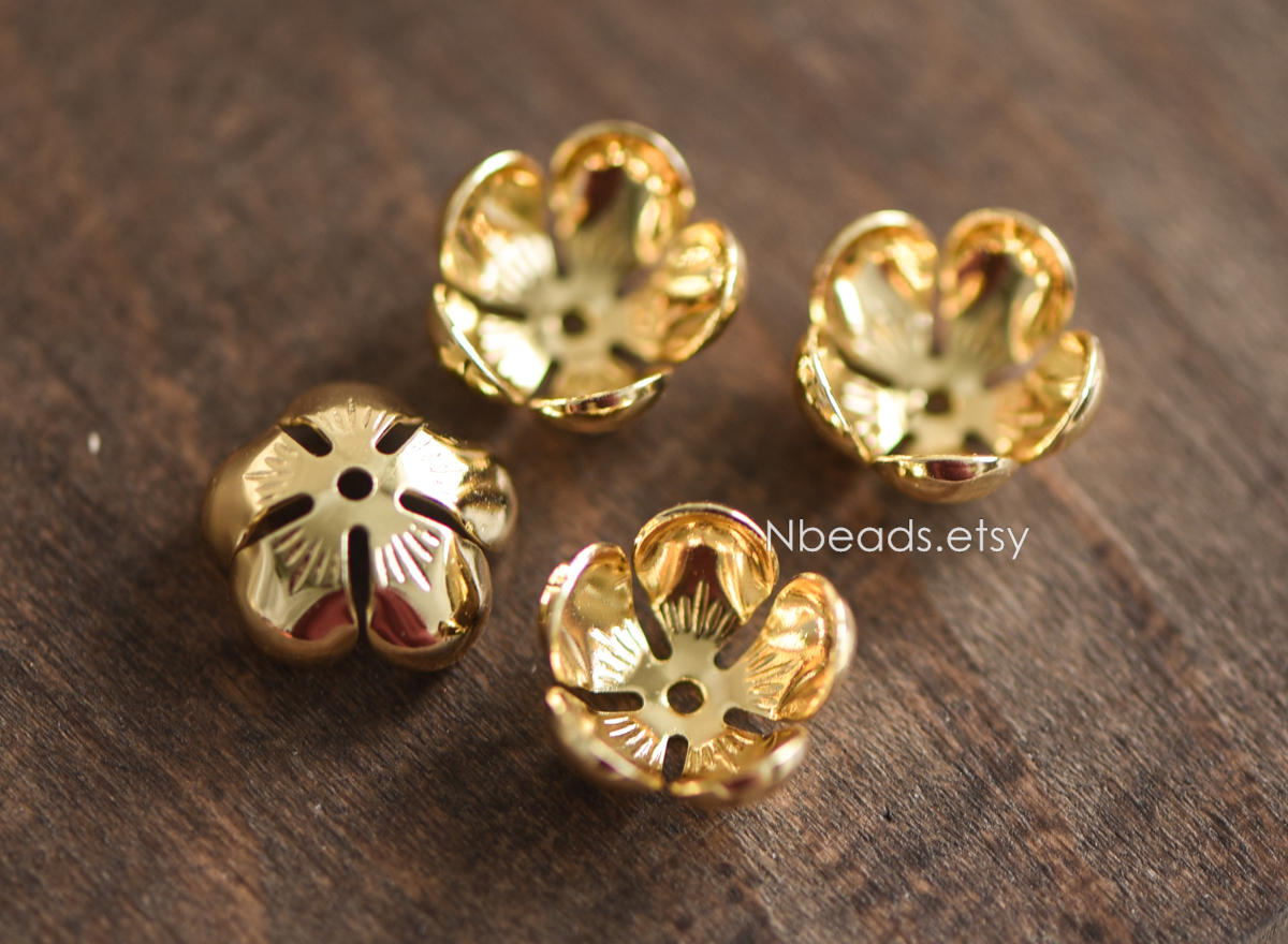 10pcs Gold/ Silver Floral Bead Caps 13mm, Gold/ Rhodium plated Brass, Lead Nickel Free (GB-055)