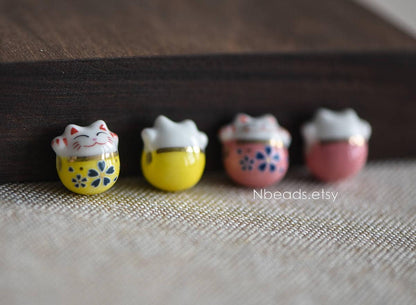 10pcs Porcelain Lucky Cat beads 15mm, Ceramic Maneki Neko, Large Hole Drilled, Yellow Pink Kawaii Cat Beads -(TC-152)
