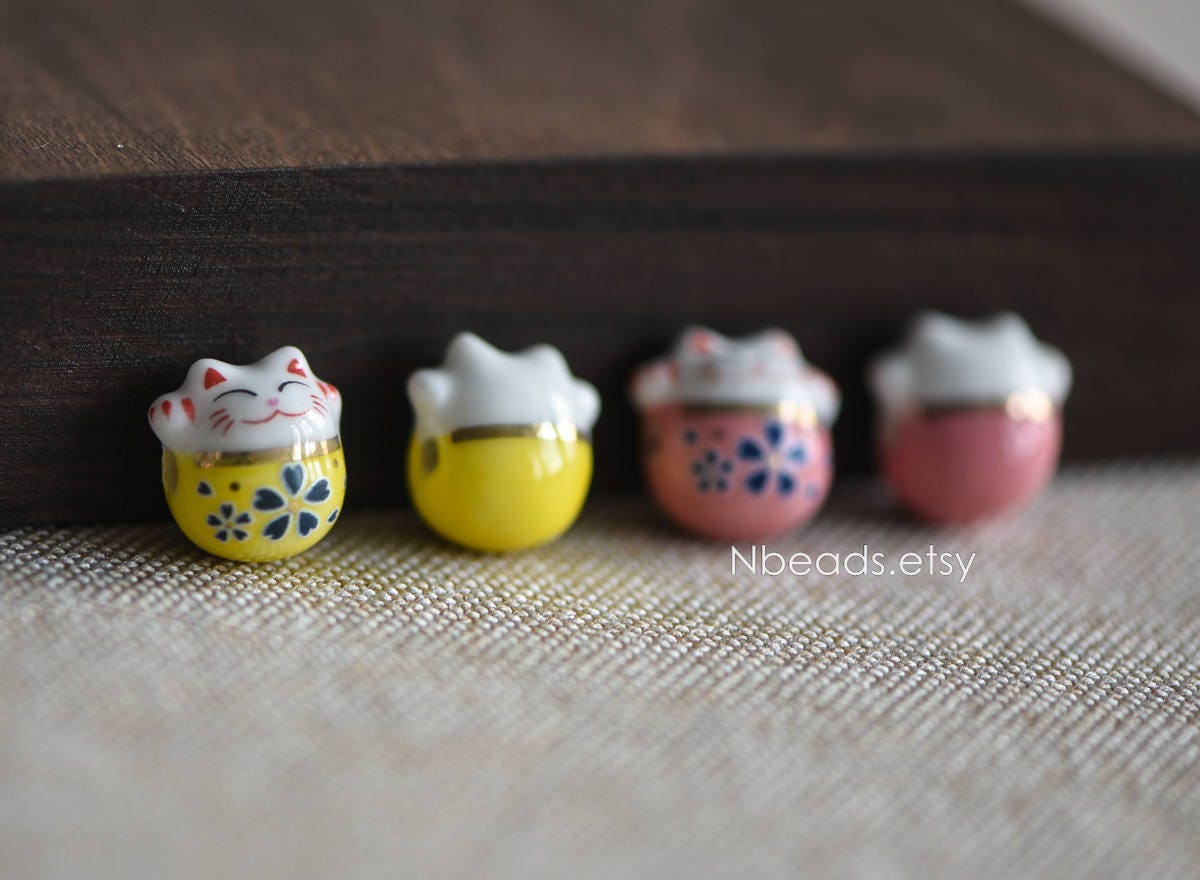 10pcs Porcelain Lucky Cat beads 15mm, Ceramic Maneki Neko, Large Hole Drilled, Yellow Pink Kawaii Cat Beads -(TC-152)