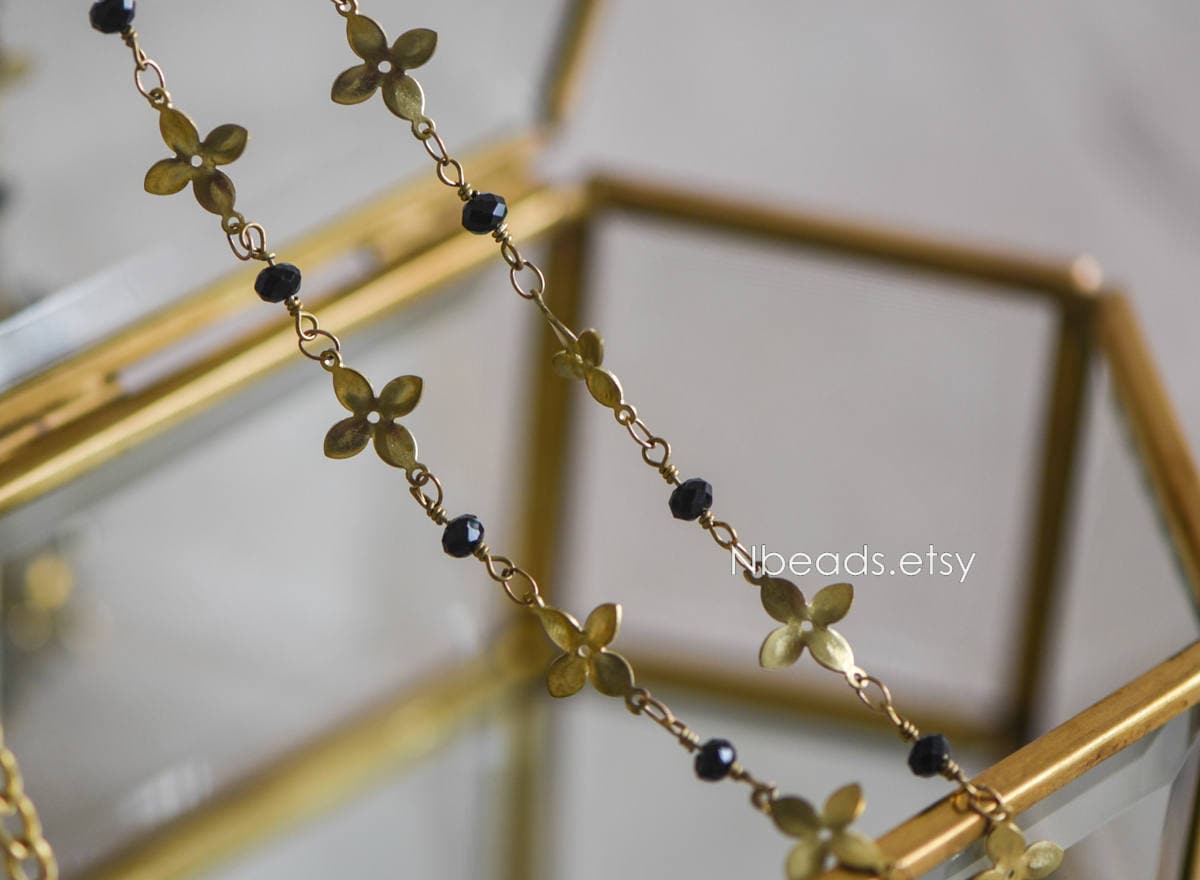 Raw Brass Flower Chain, Crystal Glass Beaded Chain (#LK-041)/ 1 Meter=3.3ft