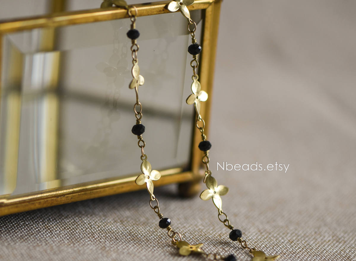 Raw Brass Flower Chain, Crystal Glass Beaded Chain (#LK-041)/ 1 Meter=3.3ft