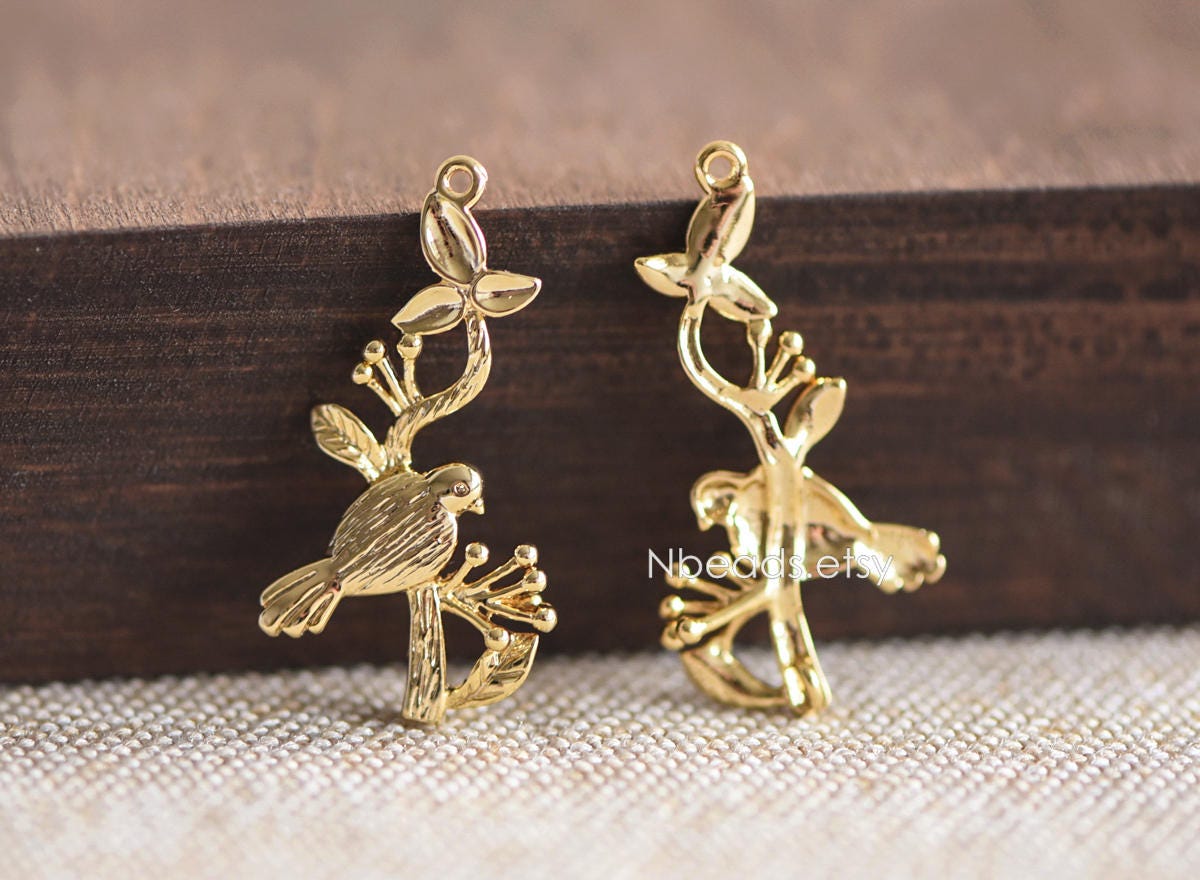 10pcs Bird on Tree connector, Birds Branch with Two Loops, Real Gold plated Brass, Lead Nickel Free (GB-060)