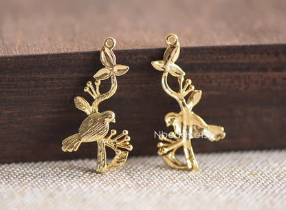 10pcs Bird on Tree connector, Birds Branch with Two Loops, Real Gold plated Brass, Lead Nickel Free (GB-060)