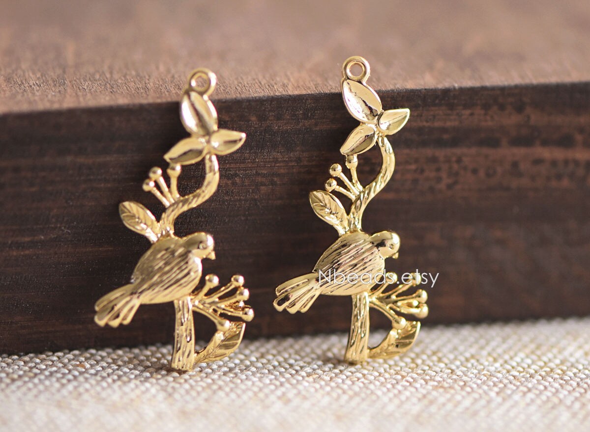 10pcs Bird on Tree connector, Birds Branch with Two Loops, Real Gold plated Brass, Lead Nickel Free (GB-060)