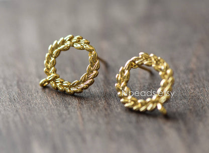 10pcs Circle Earring Posts with Loop, Gold Plated Brass Ear Studs, Lead Nickel Free (GB-076)