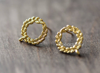 10pcs Circle Earring Posts with Loop, Gold Plated Brass Ear Studs, Lead Nickel Free (GB-076)
