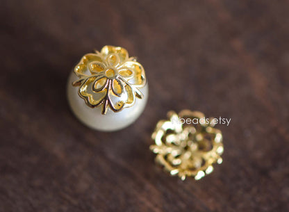 20pcs Gold/ Silver Floral Bead Caps 9mm, Fit 10-12mm Beads, Real Gold/ Rhodium plated Brass, Lead Nickel Free (GB-053)