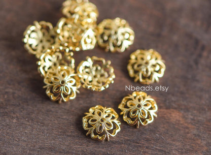 20pcs Gold/ Silver Floral Bead Caps 9mm, Fit 10-12mm Beads, Real Gold/ Rhodium plated Brass, Lead Nickel Free (GB-053)