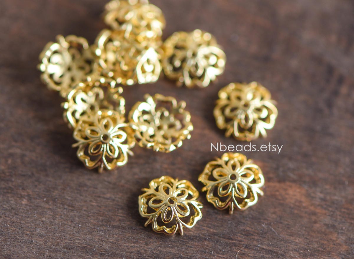 20pcs Gold/ Silver Floral Bead Caps 9mm, Fit 10-12mm Beads, Real Gold/ Rhodium plated Brass, Lead Nickel Free (GB-053)