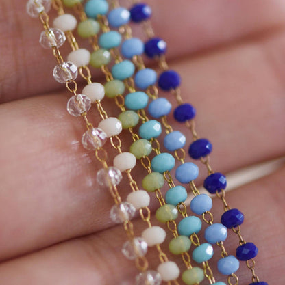 Crystal Glass Rondelle Bead Chain 3mm Thin, Unplated Raw Brass Beaded Chains, Multi Colors (#LK-039)/ 1 Meter=3.3ft