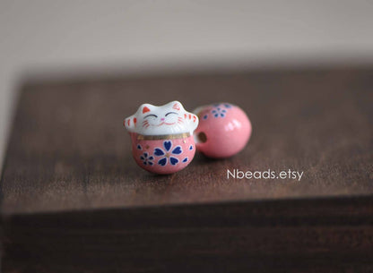 10pcs Porcelain Lucky Cat beads 15mm, Ceramic Maneki Neko, Large Hole Drilled, Yellow Pink Kawaii Cat Beads -(TC-152)