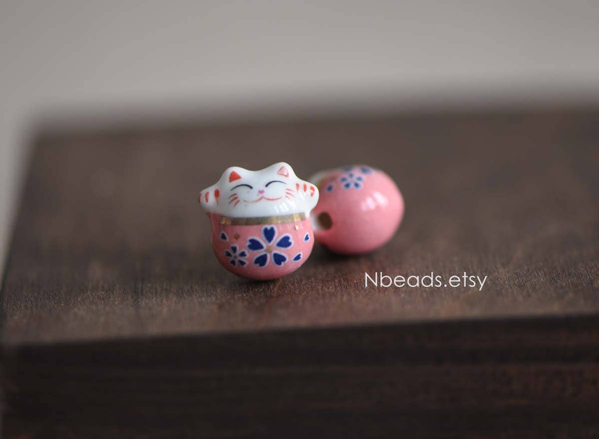 10pcs Porcelain Lucky Cat beads 15mm, Ceramic Maneki Neko, Large Hole Drilled, Yellow Pink Kawaii Cat Beads -(TC-152)
