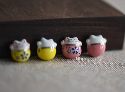 10pcs Porcelain Lucky Cat beads 15mm, Ceramic Maneki Neko, Large Hole Drilled, Yellow Pink Kawaii Cat Beads -(TC-152)