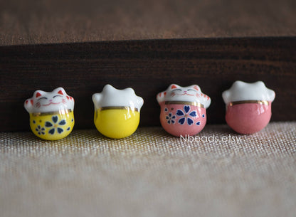 10pcs Porcelain Lucky Cat beads 15mm, Ceramic Maneki Neko, Large Hole Drilled, Yellow Pink Kawaii Cat Beads -(TC-152)