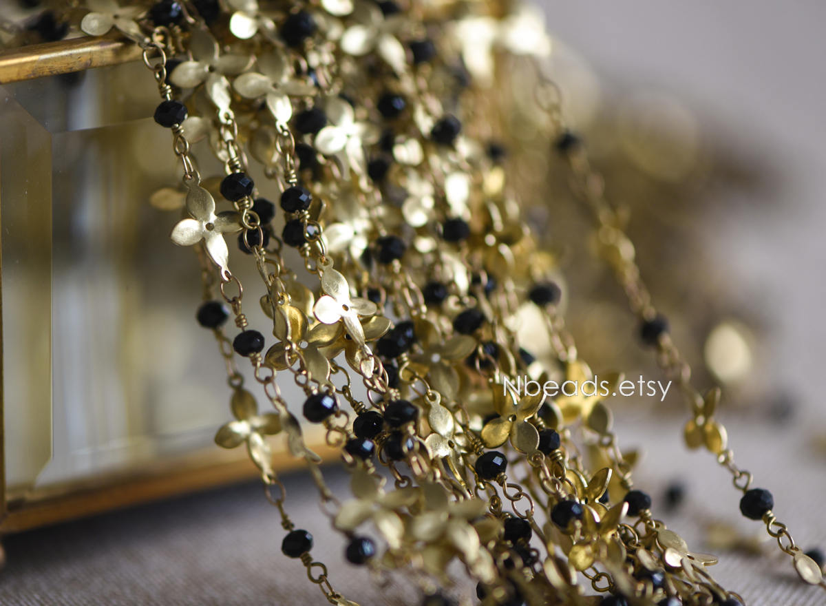 Raw Brass Flower Chain, Crystal Glass Beaded Chain (#LK-041)/ 1 Meter=3.3ft
