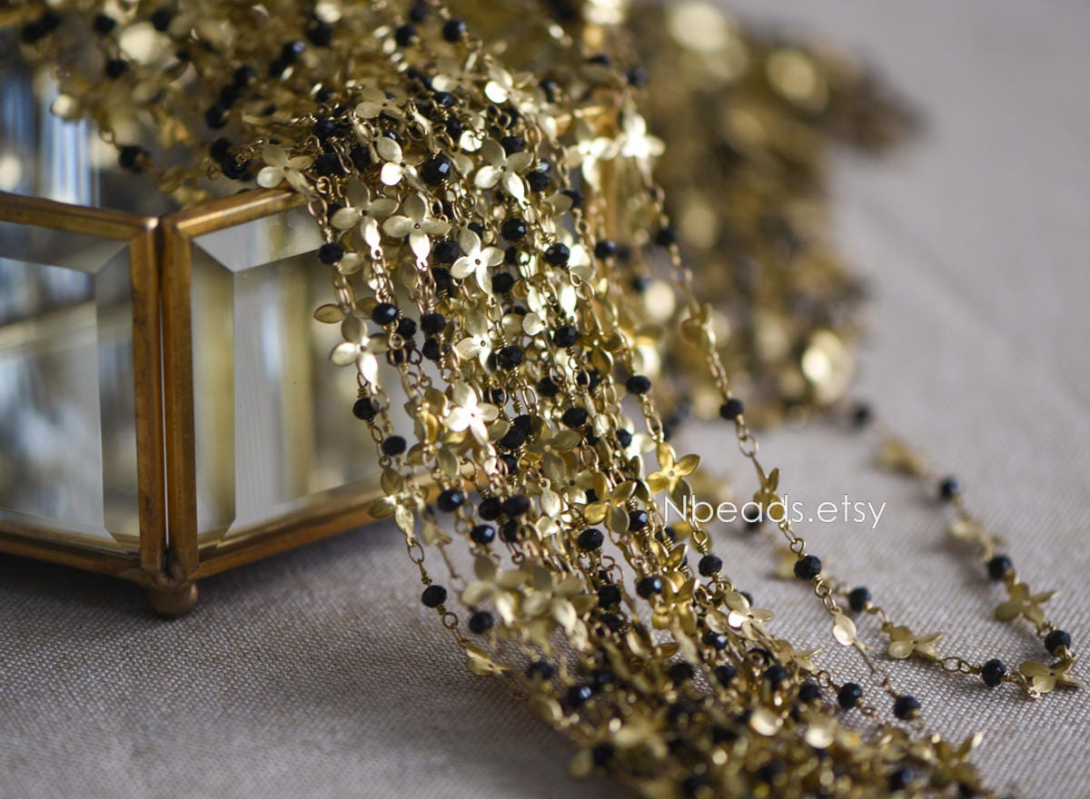 Raw Brass Flower Chain, Crystal Glass Beaded Chain (#LK-041)/ 1 Meter=3.3ft