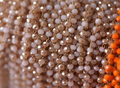 Crystal Glass Rondelle Bead Chain 3mm Thin, Unplated Raw Brass Beaded Chains, Multi Colors (#LK-039)/ 1 Meter=3.3ft