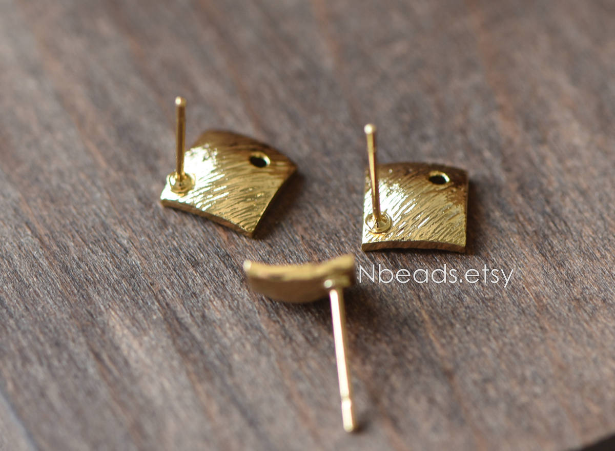 10pcs Square Earring Posts with Loop/ Hole, Real Gold Plated Brass Ear Stud, Lead Nickel Free (GB-071)