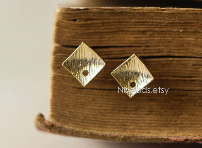 10pcs Square Earring Posts with Loop/ Hole, Real Gold Plated Brass Ear Stud, Lead Nickel Free (GB-071)