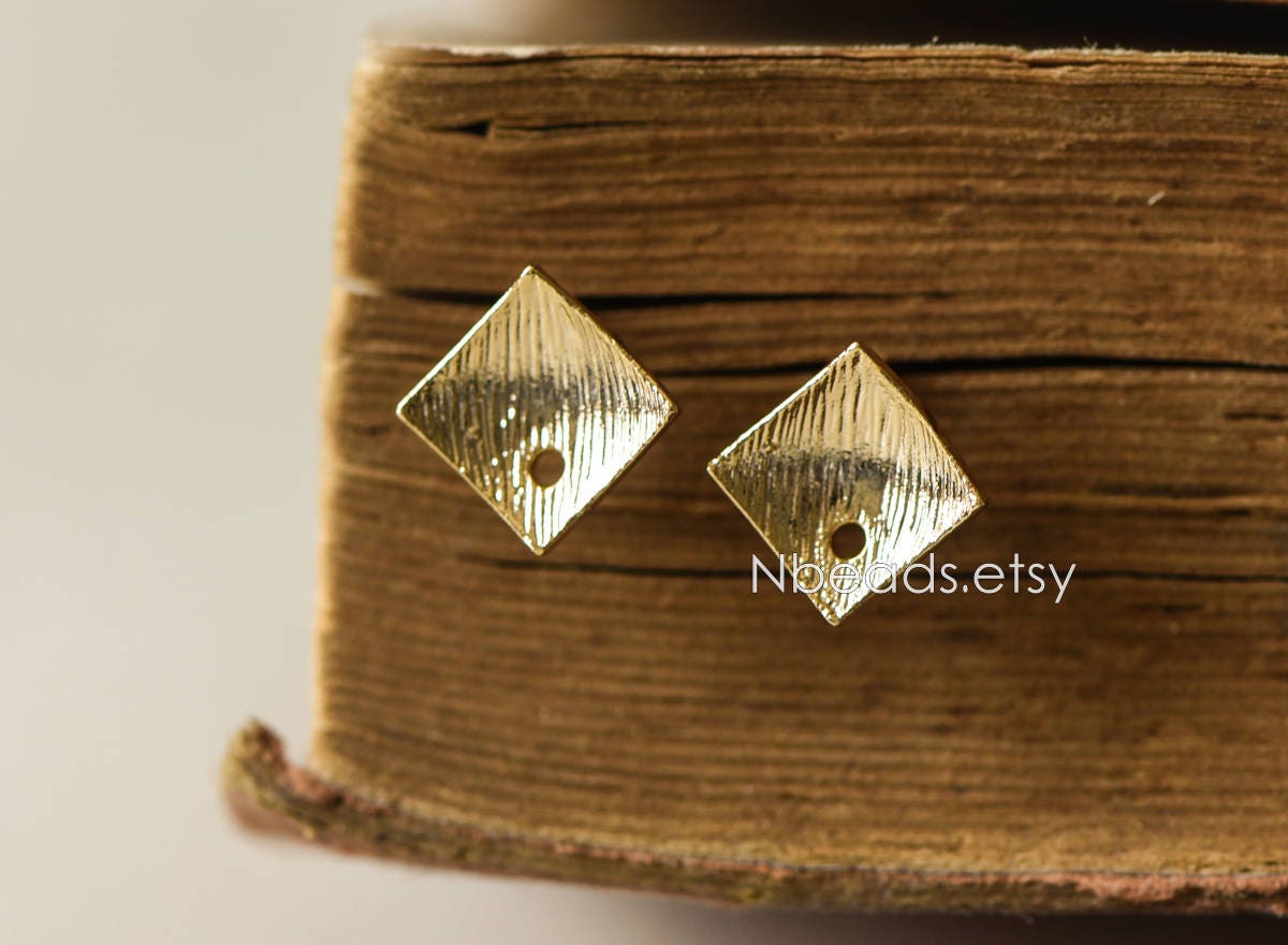 10pcs Square Earring Posts with Loop/ Hole, Real Gold Plated Brass Ear Stud, Lead Nickel Free (GB-071)