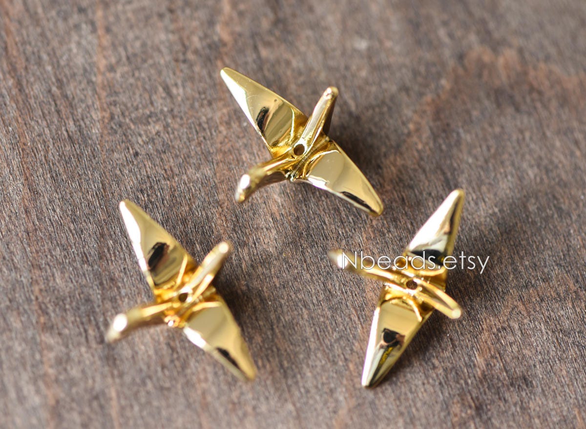 10pcs Origami Paper Crane Charms, Real Gold plated Brass Bird Beads 14/24mm, with A Hole Drilled Through (GB-072)