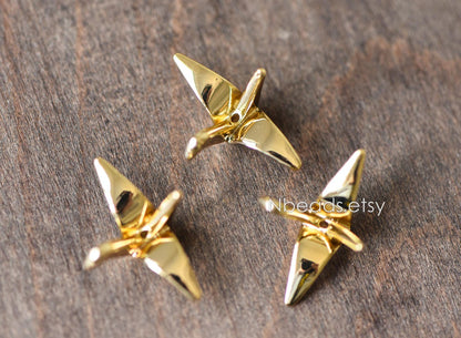 10pcs Origami Paper Crane Charms, Real Gold plated Brass Bird Beads 14/24mm, with A Hole Drilled Through (GB-072)