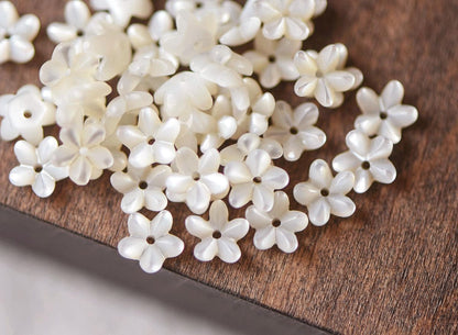 10pcs White Mother of Pearl Carved 3D Flowers 6/ 10mm, Center Drilled Shell Beads (#V1296)