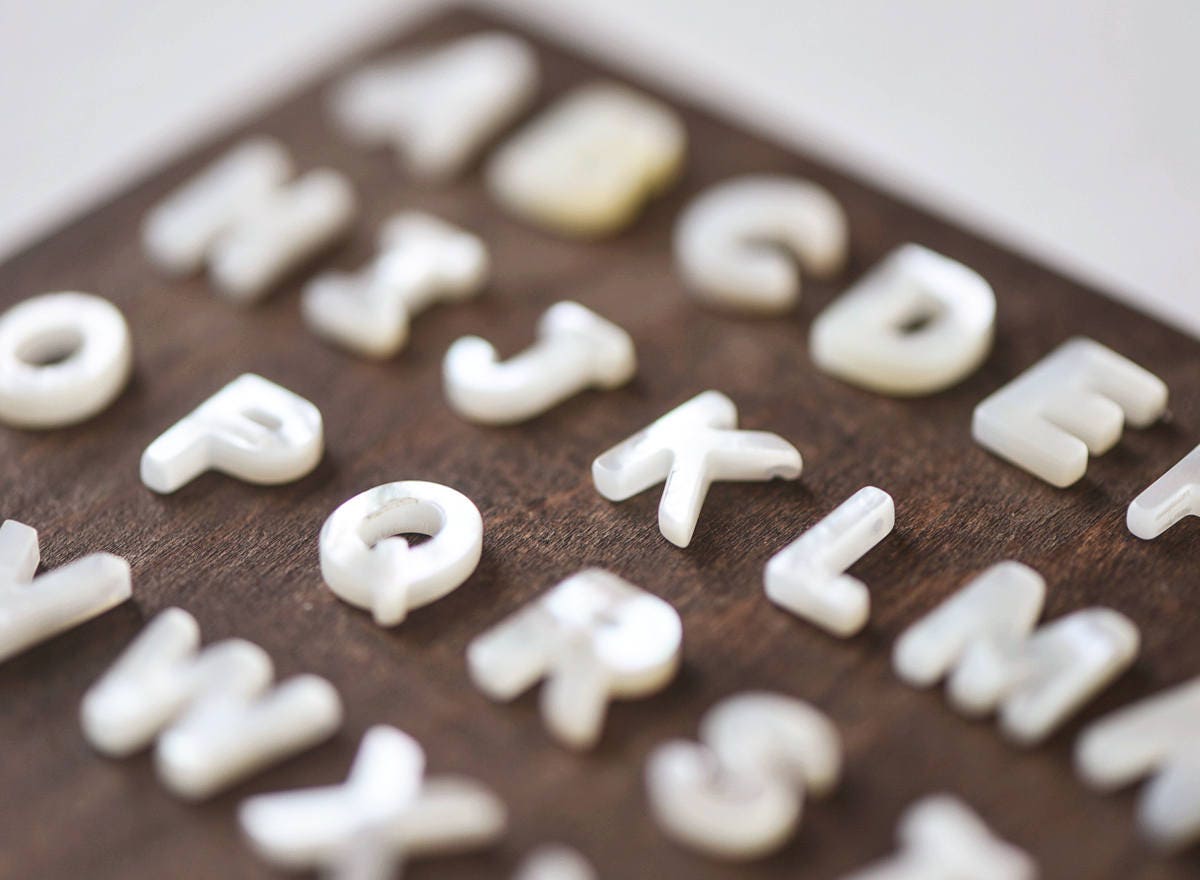 White Mother of Pearl Alphabet Beads, MOP Shell Letter Charms 10mm, You Choose Letter -(V1303)