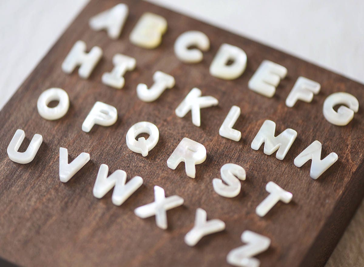 White Mother of Pearl Alphabet Beads, MOP Shell Letter Charms 10mm, You Choose Letter -(V1303)