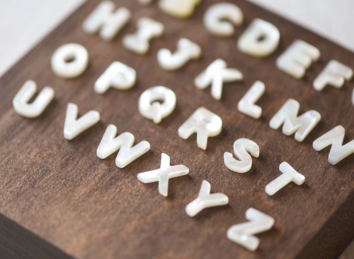 White Mother of Pearl Alphabet Beads, MOP Shell Letter Charms 10mm, You Choose Letter -(V1303)