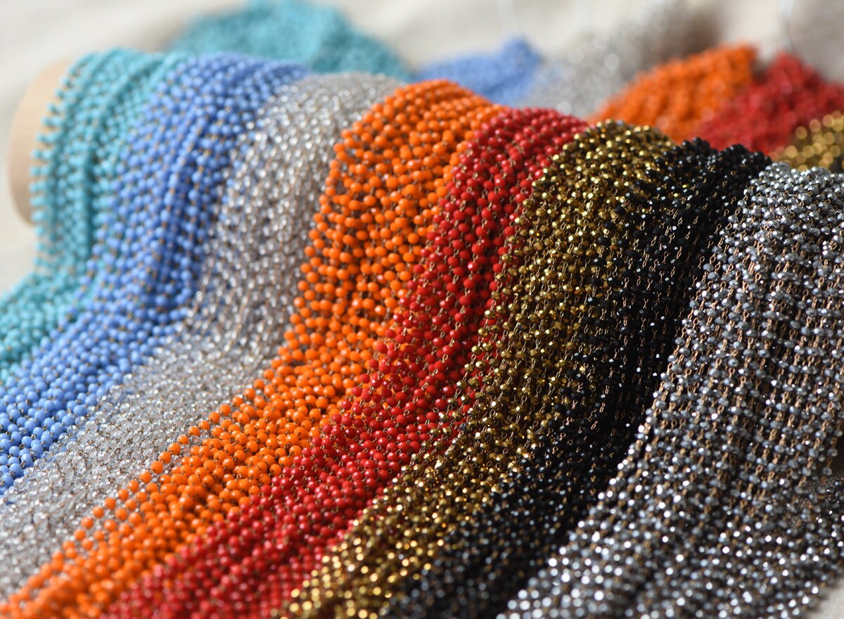 Crystal Glass Rondelle Bead Chain 3mm Thin, Unplated Raw Brass Beaded Chains, Multi Colors (#LK-039)/ 1 Meter=3.3ft