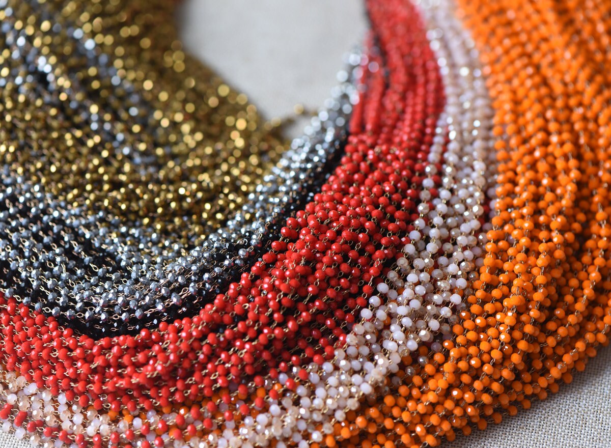 Crystal Glass Rondelle Bead Chain 3mm Thin, Unplated Raw Brass Beaded Chains, Multi Colors (#LK-039)/ 1 Meter=3.3ft