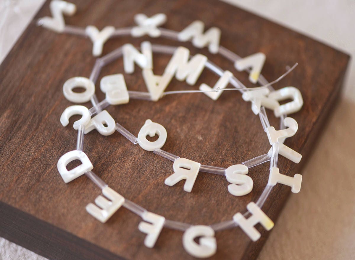 White Mother of Pearl Alphabet Beads, MOP Shell Letter Charms 10mm, You Choose Letter -(V1303)