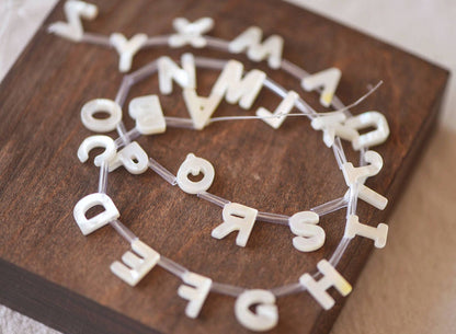 White Mother of Pearl Alphabet Beads, MOP Shell Letter Charms 10mm, You Choose Letter -(V1303)